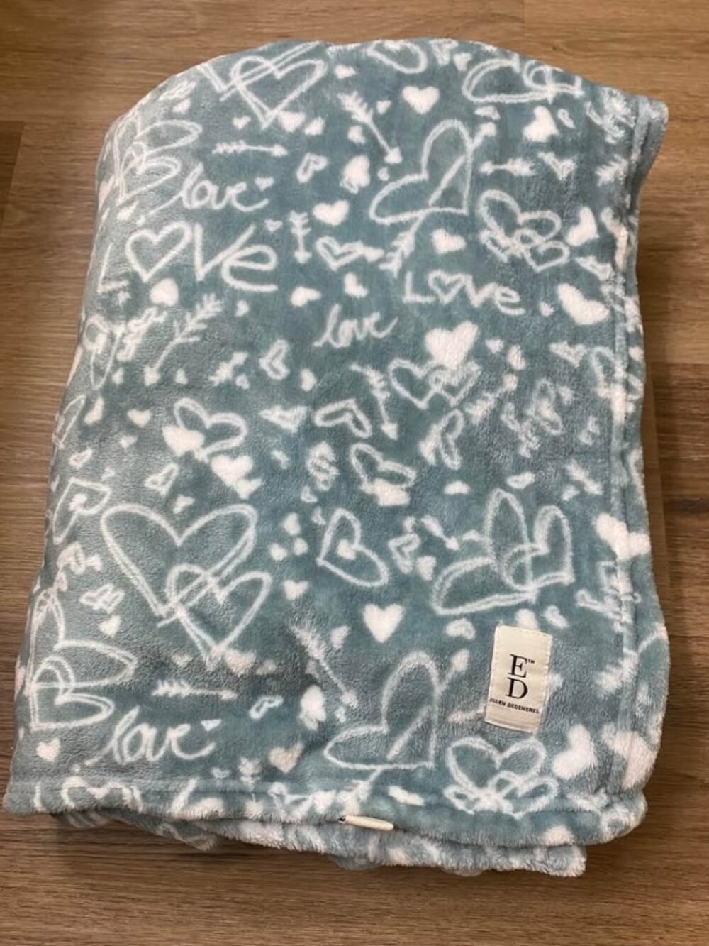 Ellen DeGeneres Love Hearts Plush Throw Blanket 50” x 60” | Light Teal & White |